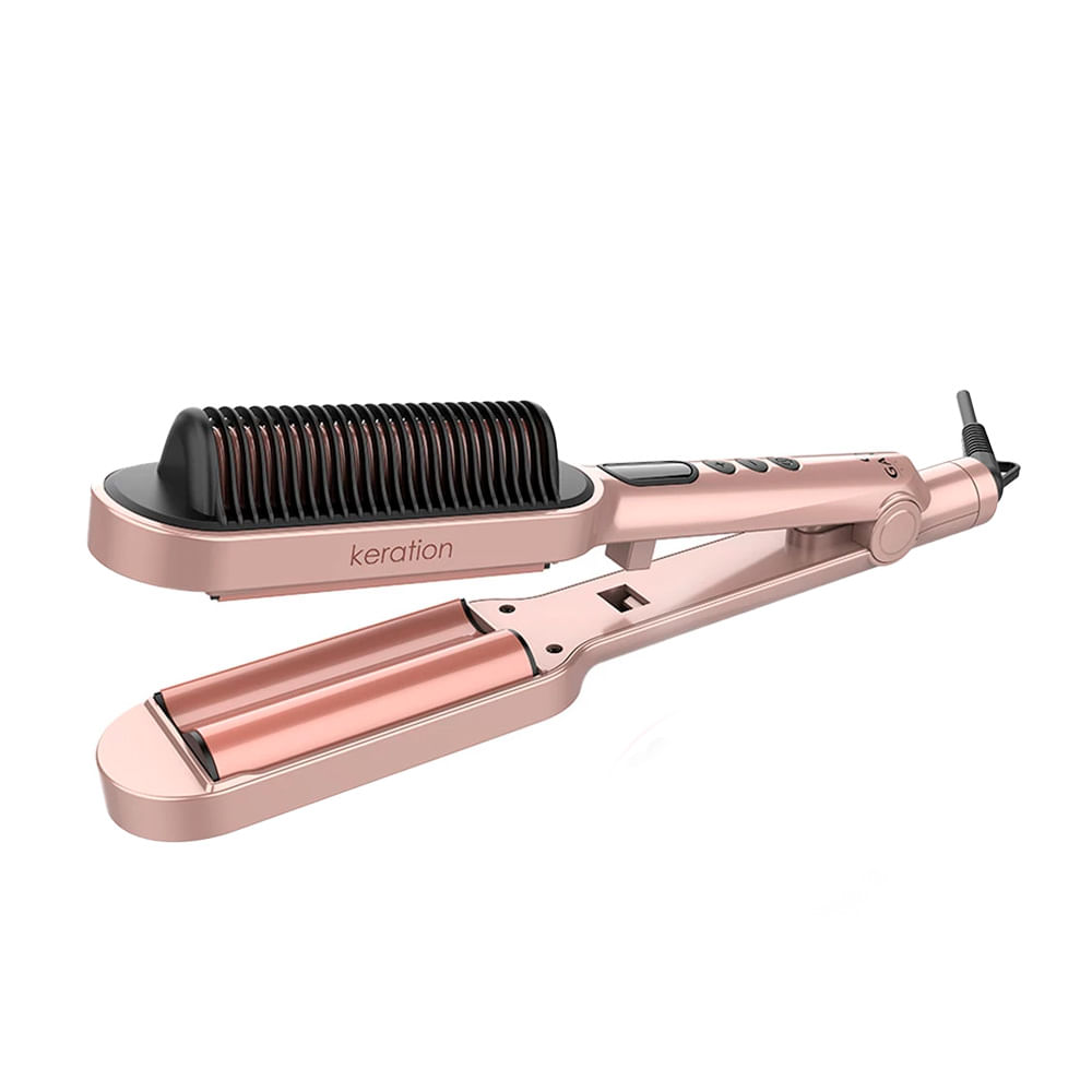 Rizador cepillo 2 en 1 Waves Brush Keration, alisadora y onduladora profesional, tecnología Micro Glitt, display digital